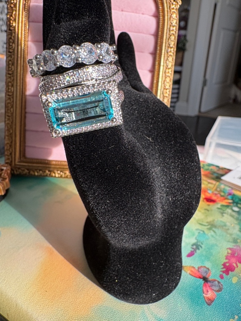 Sterling Silver Aquamarine and Cubic Zirconia Ring Set - Stackables